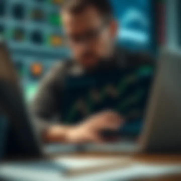 Market Analysis in Swing Trading Close-up of a trader analyzing market trends on a laptop