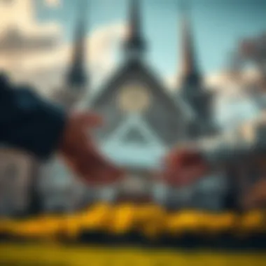 Donation Exchange at Church Hands exchanging a donation in front of a church