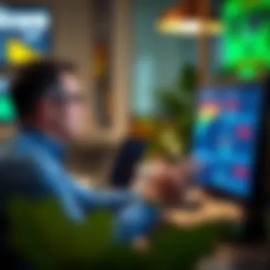 A person interacting with a computer displaying credit score metrics