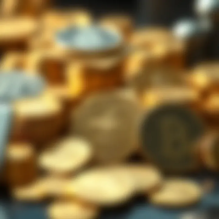 Diverse Gold Coin Collection A display of gold coins arranged artistically, showcasing different designs.