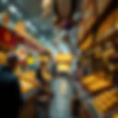 Vibrant Gold Market Scene A market scene featuring vendors selling various gold products, capturing the essence of trade.