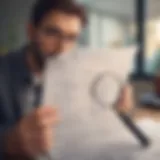 A person analyzing their credit report with a magnifying glass