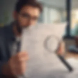 A person analyzing their credit report with a magnifying glass