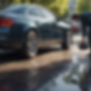 A person examining a car in detail